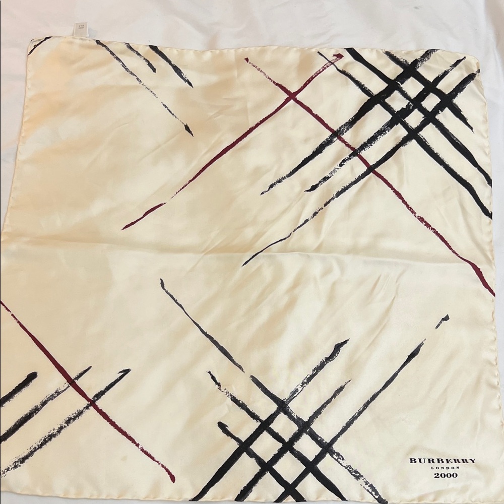 Burberry Ivory and Black Silk Scarf with Red Accents